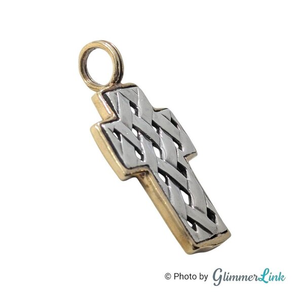 Vintage Two Tone Cross Woven Lattice Sterling Silver Gold Plated Pendant - Picture 2 of 9